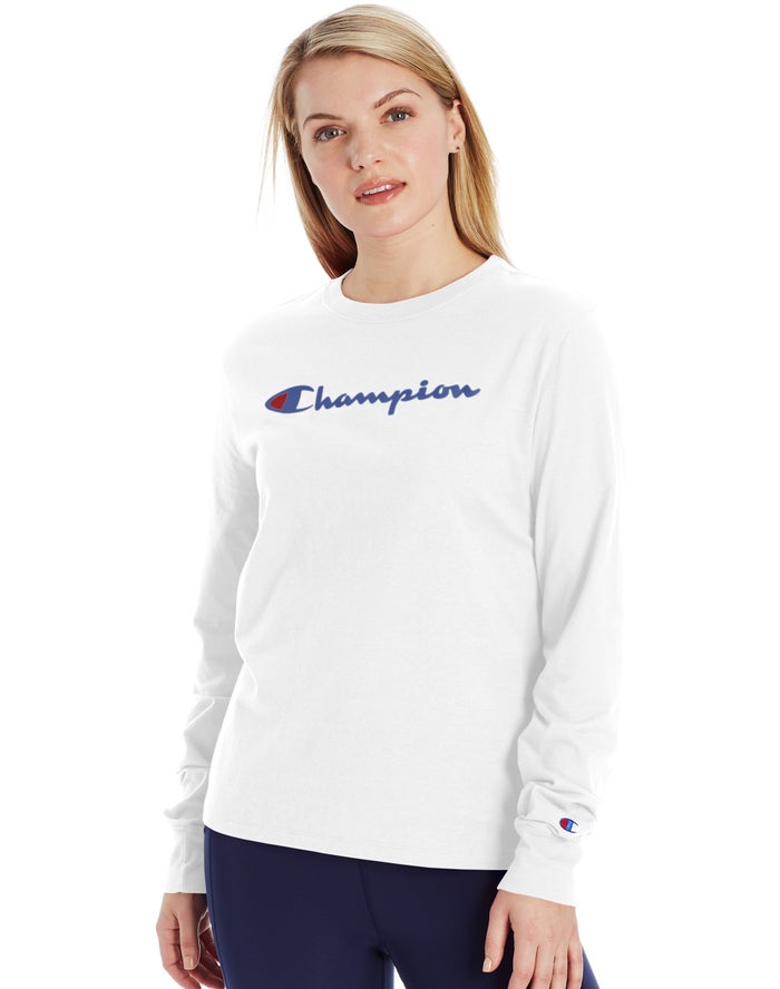 Champion Dame T-Shirts Hvide - Classic Long-Sleeve Script Logo - Danmark ZCM-397485